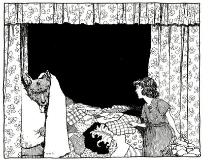 Roodkapje Ging naar het Bed, illustratie uit Oude Verhalen door Charles Perrault, uitgegeven door Constable & Co Ltd, 1921 door William Heath Robinson